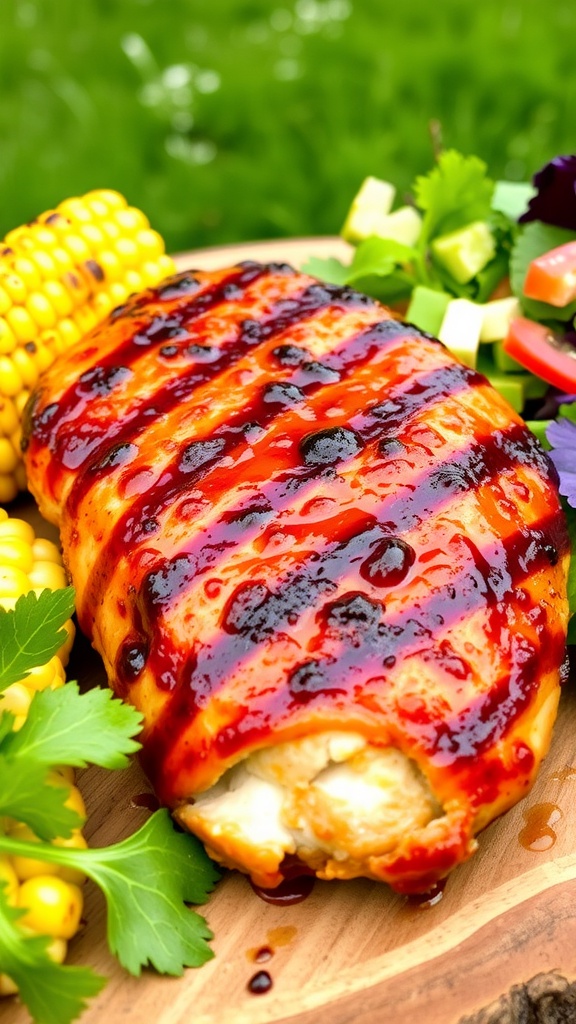 Grilled barbecue chicken breast on a wooden board with corn and salad, set outdoors.